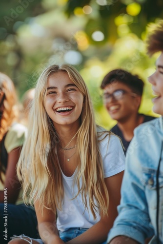 A lively scene of young individuals laughing and conversing on a bench outdoors  highlighted.