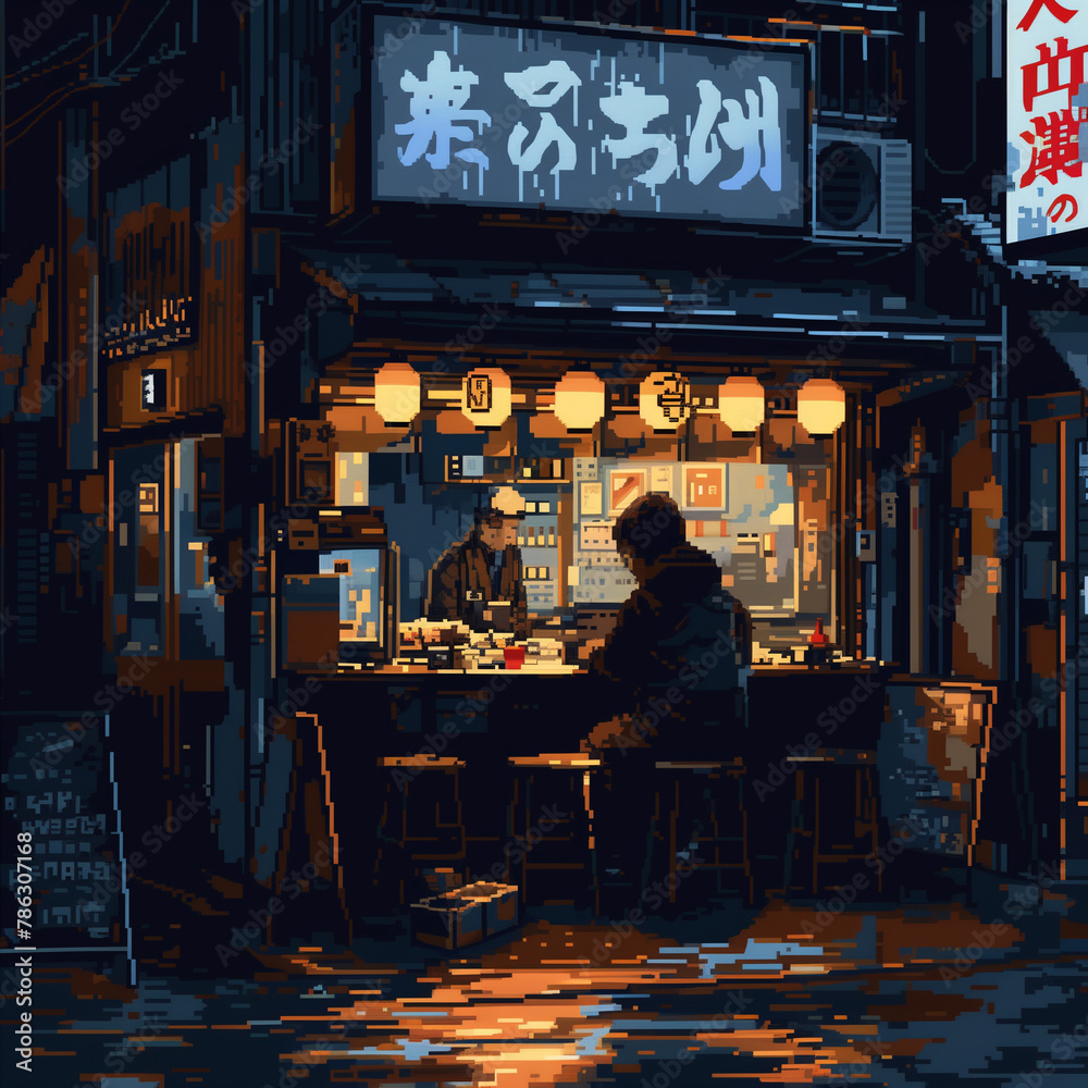 Nostalgic Nights Japanese Ramen Bar Retro Pixel Art