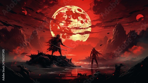 An epic duel between samurais wielding swords forged from gold and armor crafted from coins, under a bloodred moon