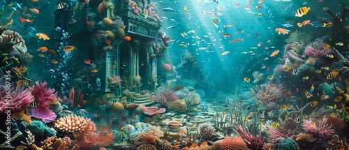 An underwater kingdom where coral reefs are made of colorful banknotes and fish shimmer with gold, guarded by a mermaid queen photo
