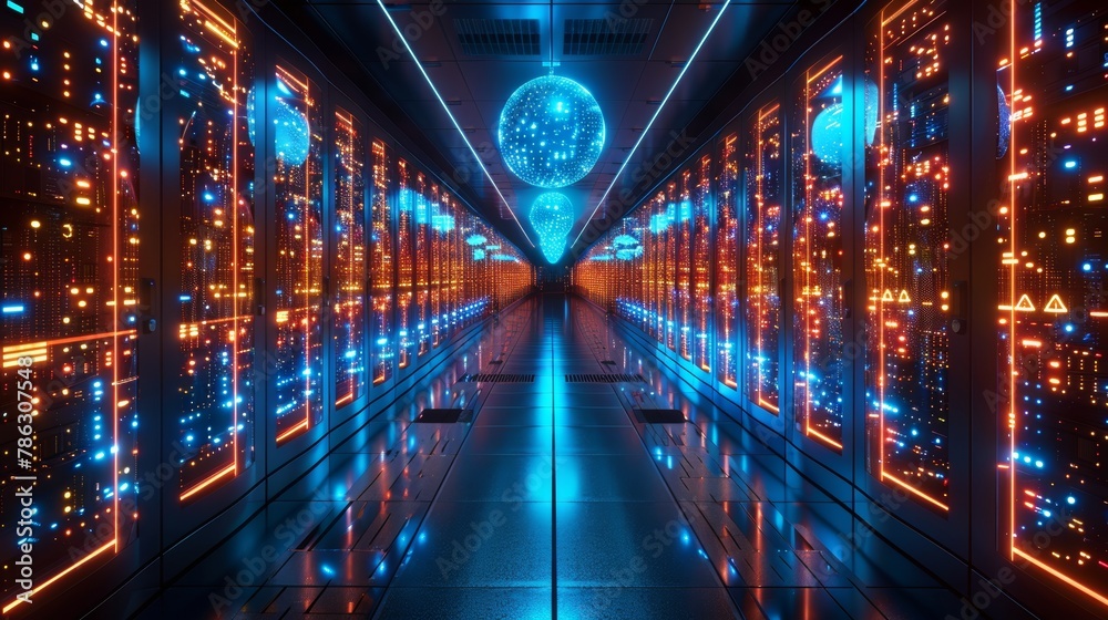 Data center or cloud storage concept. Abstract design interior of a server room in a data center. Futuristic space with digital electronics. Data spheres hanging over the floor.