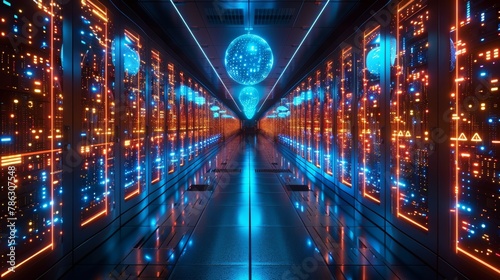 Data center or cloud storage concept. Abstract design interior of a server room in a data center. Futuristic space with digital electronics. Data spheres hanging over the floor.