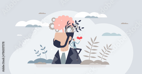 Self esteem concept with psychological yourself awareness and tiny person acceptance. Mental health care and inner feelings or emotions understanding vector illustration. Personality characteristics.