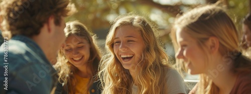 A group of young people enjoy laughter and conversation on an outdoor bench,