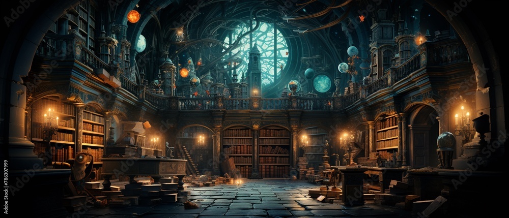 A magical library with shelves of ancient, valuable coins, where a burglar, invisible but for the floating money in their hands, sneaks past slumbering, bookish dragons  Color Grading Teal and Orange - obrazy, fototapety, plakaty 