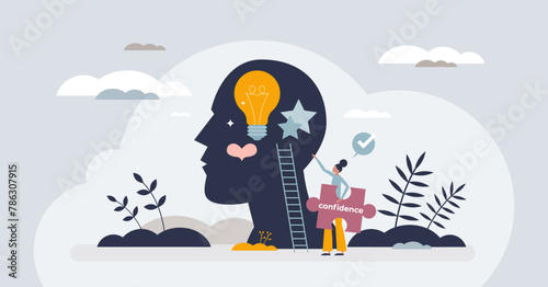 Self confidence and healthy female acceptance mindset tiny person concept. Woman identity with courage, empowerment, personal growth and strong inner personality characteristics vector illustration.