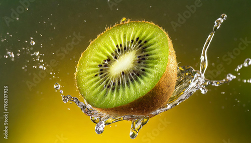 Close-up of levitating fresh kiwi half with splashes of water. Tasty and healthy food. Organic fruit