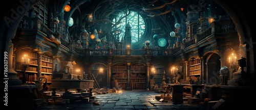 A magical library with shelves of ancient, valuable coins, where a burglar, invisible but for the floating money in their hands, sneaks past slumbering, bookish dragons  Color Grading Teal and Orange © Parinwat Studio