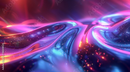An abstract dark holographic iridescent neon background fluid liquid glass curved wave in motion. A gradient design element for banners, backgrounds, wallpapers, and covers.