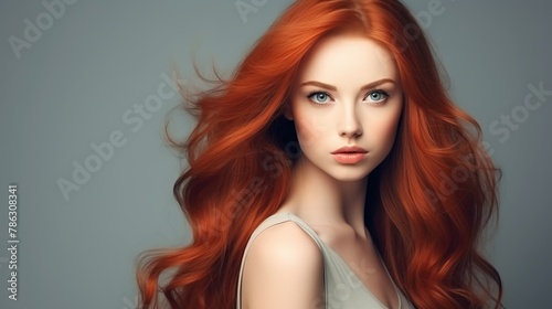 Red-haired woman with long waves, against a neutral background