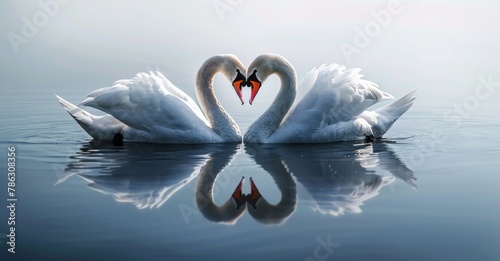 KSTwo white swans in love forming the shape of a hear photo