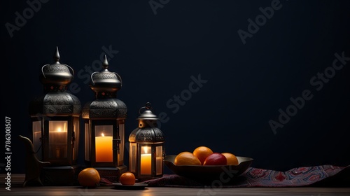 A still life of a candlelit table with candles, lanterns, fruit, and decorative items on it.