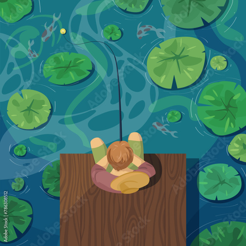 Fisherman on old wooden pier fishing in pond, top view. Man in hat sitting with fishing rod on shore of lake or river with water plants to catch carp fish or goldfish cartoon vector illustration