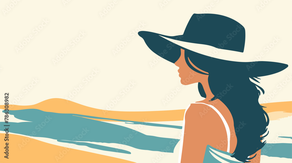 Girl in hat on beach style minimalist flat color