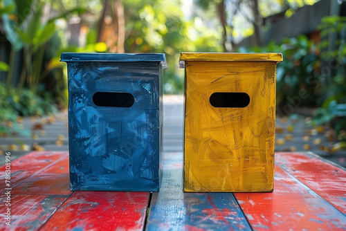 Two painted boxes, one blue and one yellow, sit on a red table