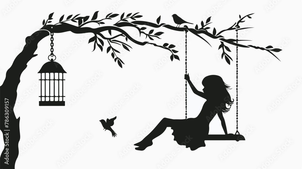 Girl on a swing on branch vector. Girl silhouette