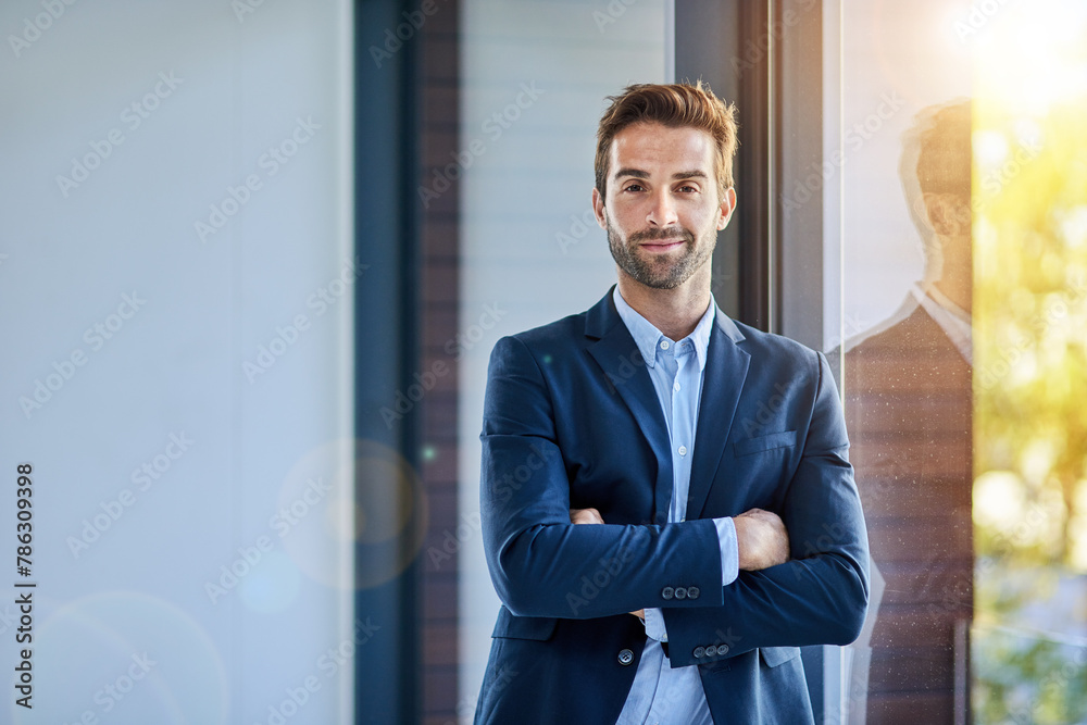 Portrait, confident and man in office for business career, startup corporate company and professional. Male entrepreneur, excited and happy for growth or opportunity with positive mindset and goals.