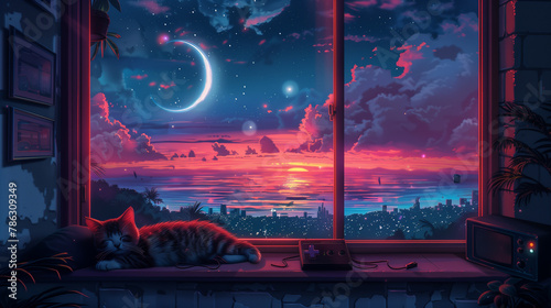 Symbolic Synthwave, Retro Cat Framing Oceanside City