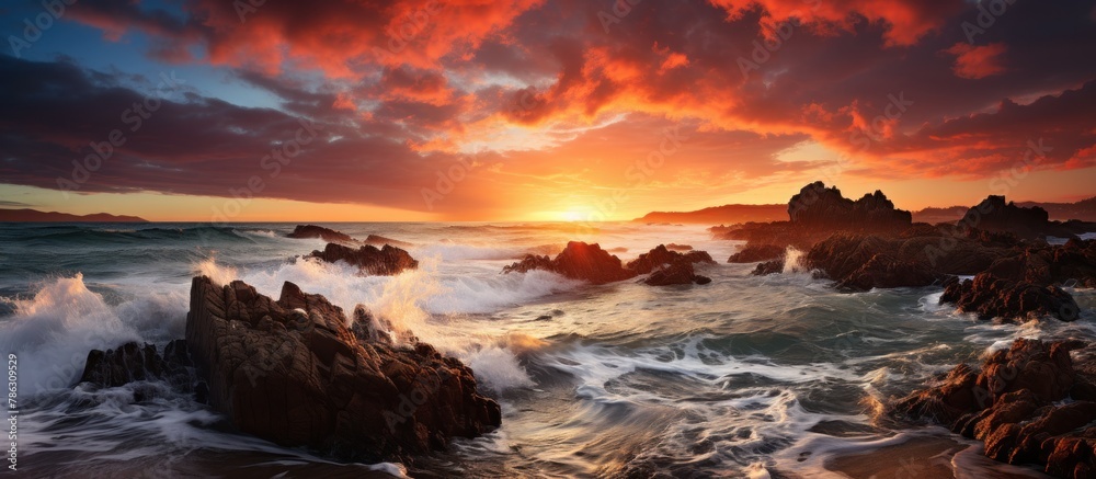 Sunset over the sea with waves crashing on the rocks. Panorama