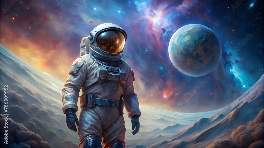 Fototapeta premium Astronaut Embarks on a Beautiful Journey Through the Vastness of the Galaxy.