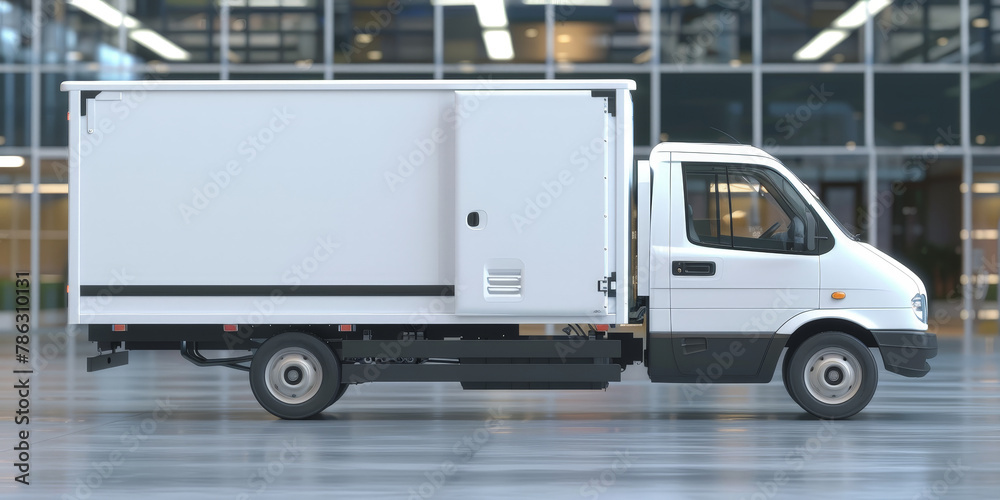 White delivery truck van on road with building background. White delivery truck van on road with building background.