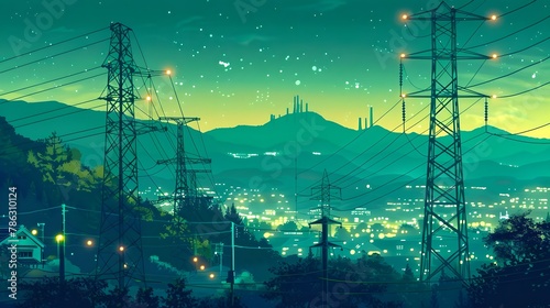 Illuminated Cityscape at Night with Power Lines and Starry Sky. Digital Art in Vibrant Colors Capturing Urban Energy. AI