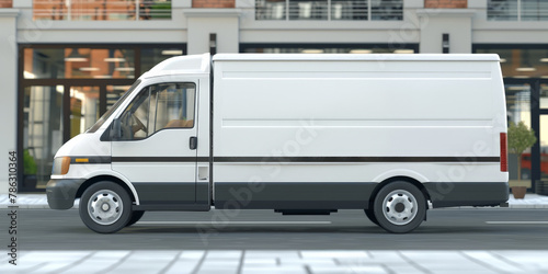 White delivery truck van on road with building background. © Planetz