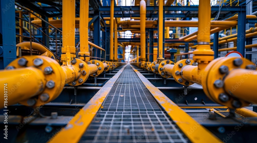 Industrial pipeline complexity in a modern blue and yellow facility