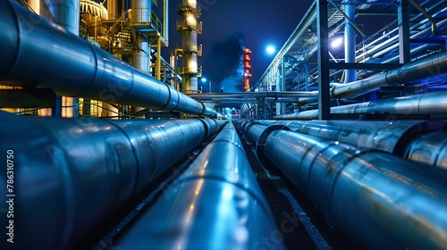 Twilight illumination of industrial pipes at a chemical plant