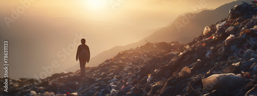 Person walking on a vast landscape of waste at sunset. photo