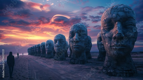Surreal sunset with giant stone heads and solitary figure on beach photo