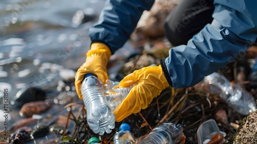 a person in yellow gloves is picking up plastic bottles