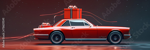a car with a present on top, in the style of realistic forms, light red, sculptural quality, dynamic and energetic, shiny, anemoiacore, photorealistic representation photo