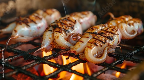 Grilled squid on the flaming grill. Close-up view.