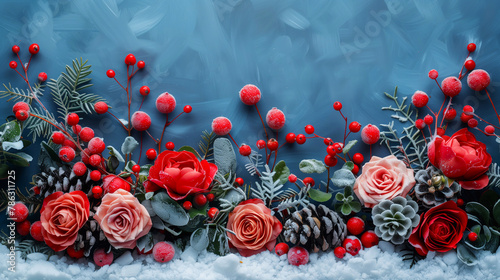 Winter background with snowflakes, berries and red roses. Top view. © Виктория Дутко