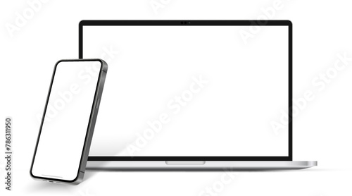Modern laptop mockup front view and smartphone mockup high quality isolated on white background. Notebook mockup and phone device mockup for ui ux app and website presentation Stock Vector.