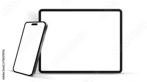 Modern tablet mockup front view and high quality smartphone and tablet mockup isolated on white background. Notebook mockup and phone device mockup for ui ux app and website presentation.Stock Vector.