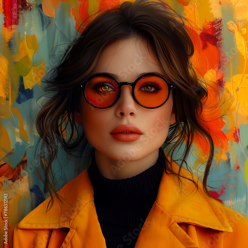 Portrait of a beautiful girl in a yellow coat and red glasses.