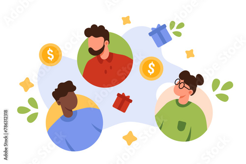 Refer friend, marketing referral program. Round profiles of users in social media, people earn money, reward bonuses and gifts online, recommend product or service cartoon vector illustration