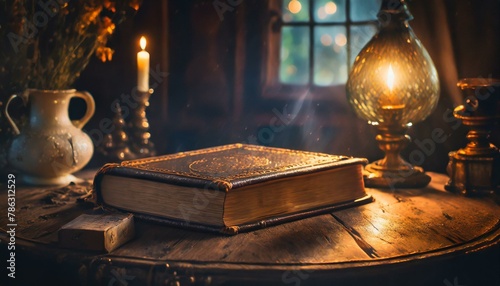 old book and lamp, an old book bathed in soft magical lights on a vintage table