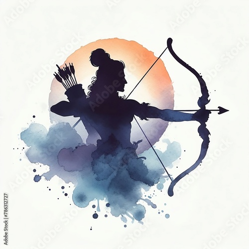 Watercolor illustration of lord rama silhouette with a bow and arrow for ram navami social media poster or ads template created with generative ai  © Chaudhry