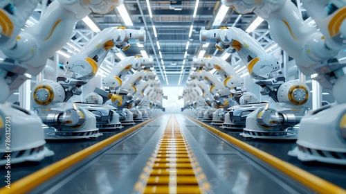 Futuristic Robotic Arms in an Automated Production Line. High-Tech Machinery in a Factory Setting. Modern Industrial Technology at Work. Streamlined Manufacturing Process. AI