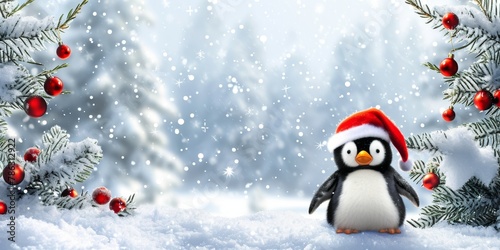 Xmas winter cartoon penguin wearing a red Santa hat. Holiday Christmas banner, festive poster. Merry Christmas Happy New Year. Festive bright beautiful background