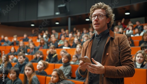 university professor in formal clothes with glasses gives a lecture at the front of a classroom