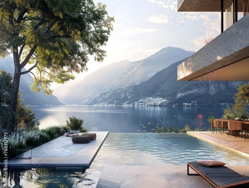 House with pool by lake mountains, a serene natural landscape
