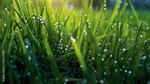 green fresh grass in morning dew with natural bokeh