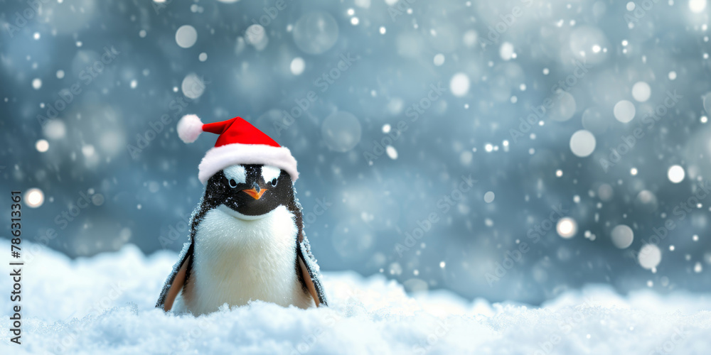 Xmas winter cartoon penguin wearing a red Santa hat. Holiday Christmas banner, festive poster. Merry Christmas Happy New Year. Festive bright beautiful background Xmas winter cartoon penguin wearing a red Santa hat. Holiday Christmas banner, festive poster. Merry Christmas Happy New Year. Festive bright beautiful background