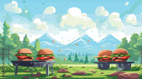 Hamuburgers cooking on grill outdoors in panoramic 