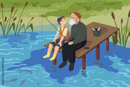 Fisherman and boy fishing in water of lake. Elderly grandfather and grandson sitting on old wooden pier to catch fish together, fun summer family adventure in nature cartoon vector illustration