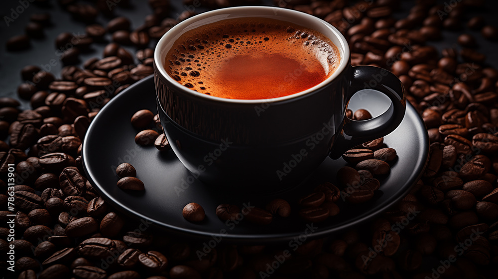 Obraz premium hot coffee with perfect crema and coffee beans on dark background